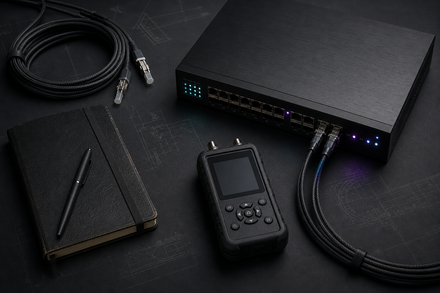 Network engineering toolkit with cables and a diagnostics device