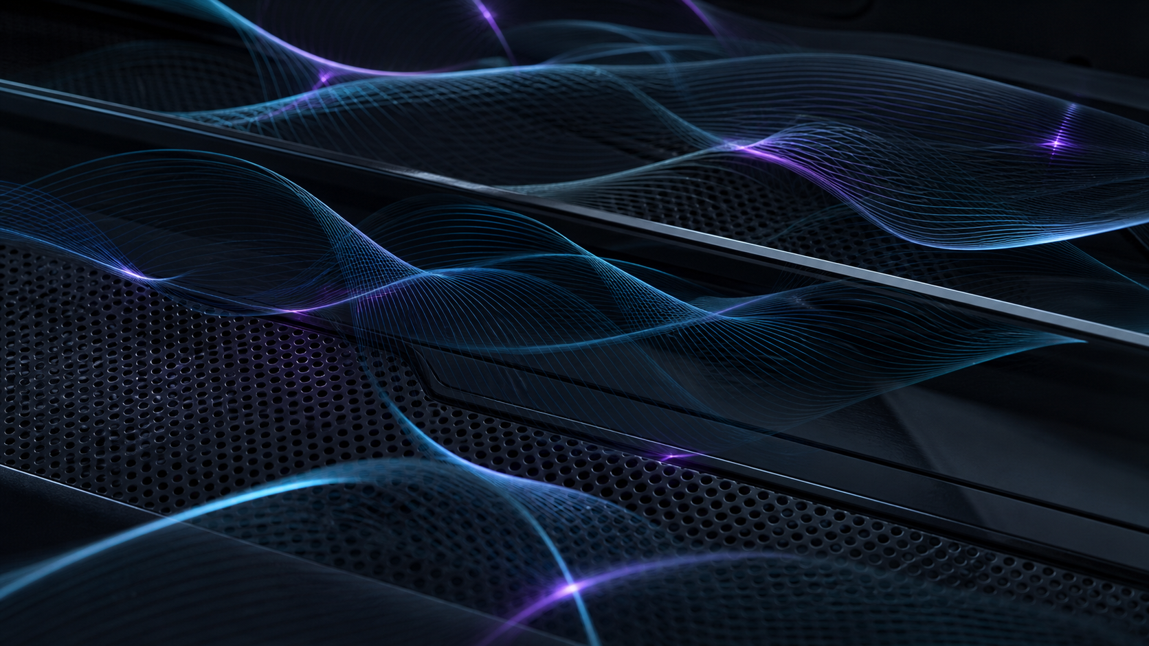 Abstract cyan and violet waveforms over dark equipment surface